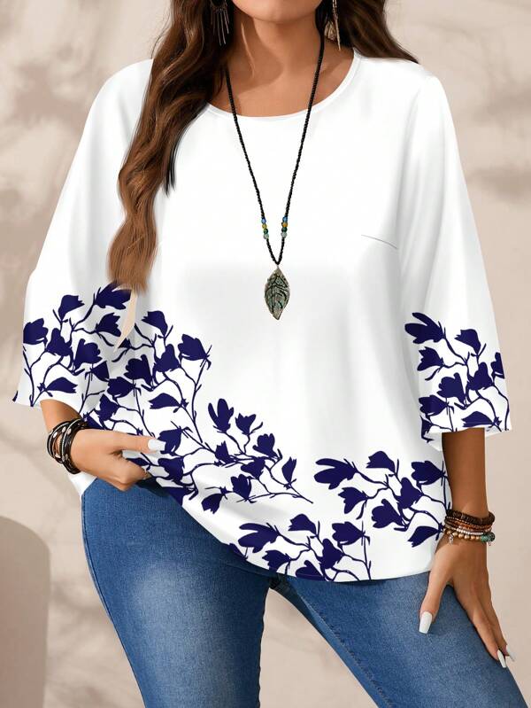 EMERY ROSE Cămașă casual, minimalistă, imprimată peste tot, cu gât rotund, cu mâneci 3/4, potrivită pentru toamnă/iarnă