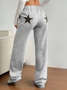 SHEIN Unity Grey Leopard Star Print Low Waist Straight Leg Wide Leg Sports Pants, Fashion Casual Street Style For Women, Spring - Grey - View 6