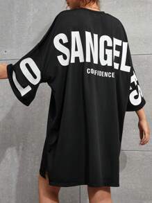 SHEIN Tienermeisjes Oversized Zwarte Ronde Hals Gebreide T-shirtjurk Met Losse Afhangende Schouders, Grote Letterprint, Straat Casual Sportieve Schoolstijl, Lente/Zomer
