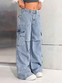 SHEIN Jeans casuales holgados de mezclilla con bolsillos, pliegues y diseño de pierna ancha para adolescentes, con botones, bolsillos y cremallera, cintura baja y pierna ancha, color azul claro holgado para niñas, para primavera/verano, uso casual diario, atuendos de verano bohemio, rave y festival