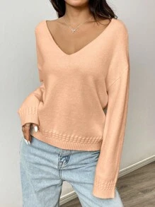 SHEIN Unity 女士V领长袖纯色休闲套头毛衣针织衫秋冬款 - 橘色 - 查看 3