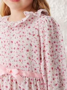 Blossori Kleine Mädchenkleid im französischen eleganten Stil mit aprikotfarbenem Blümchendruck, geraffter Taille, A-Linie und Rüschenkragen, Frühling/Sommer - Verschiedenfarbig - Übersicht 5