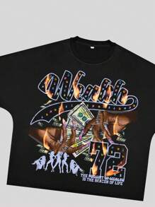 ROMWE MEN Street Life 男士休闲宽松口号印花 T 恤，夏季 - 黑色 - 查看 3