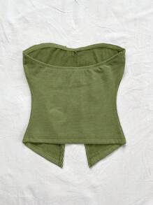 Soleia Women's Vacation Knit Tube Top, Fashionable Fitted Blouse With Elegant Bow Decor, Front Slit Design, Suitable For Party, Afternoon Tea, Layering In Autumn/Winter - Green - View 2