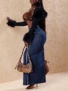 Slaydiva Ladies' Patchwork Raw Hem Fishtail Hem Long Denim Skirt