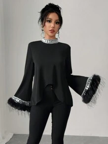 Elenzga Women's Elegant Fuzzy Rhinestone Decor Asymmetric Loose Long Sleeve Shirt - Black - View 1