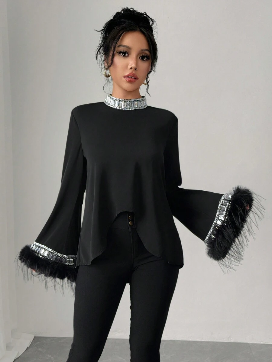 Elenzga Women's Elegant Fuzzy Rhinestone Decor Asymmetric Loose Long Sleeve Shirt - Black - View 1