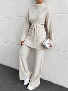 EURMUSE High Collar Belted Woolen Two Pieces Suit - Beige - View 5