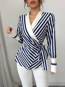 Rafferiza 女士春秋季立领系腰不对称下摆设计印花蓝白条纹优雅工作商务休闲衬衫