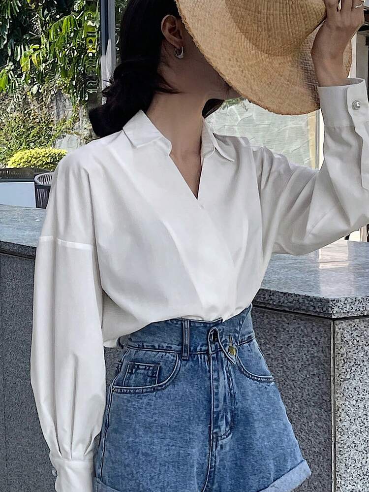 Women V-Neck Long Sleeve Solid Color Casual Blouse Preppy Tops,Fall Women Clothes