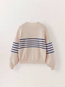 SHEIN Tween 女童条纹圆领长袖休闲毛衣，秋冬款 - 米色 - 查看 2