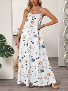 EMERY ROSE Women's Casual White Denim Maxi Dress With Floral Print, Spaghetti Strap Sleeveless Summer Dress With Pockets - White - View 3