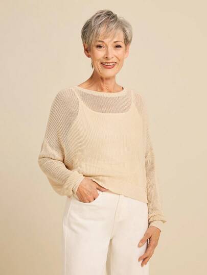 SHEIN LUNE Jersey casual de mujer de cuello redondo, manga larga, color liso, minimalista y transparente