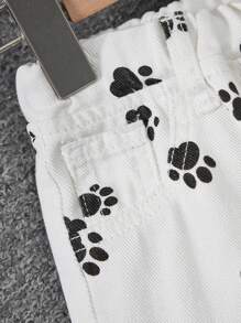 SHEIN Baby Girl Y2K Cute Black Dog Paw Print White Loose Denim Jeans,Kid Girls Spring And Summer Casual Vacation Hobo Wear - White - View 5