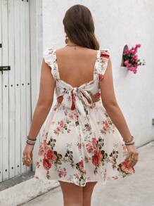 SHEIN VCAY Plus Size Women Boho Floral Print Cap Sleeve Dress, For Summer,Beach Dress Sundress,Holiday Outfits