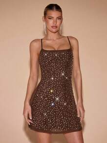 SHEIN BAE Solid Color Nude Dress With Elegant Rhinestone Mesh Decor, Spaghetti Strap A-Line Mini Dress For Party, Prom, Clubbing, Summer - Coffee Brown - View 1