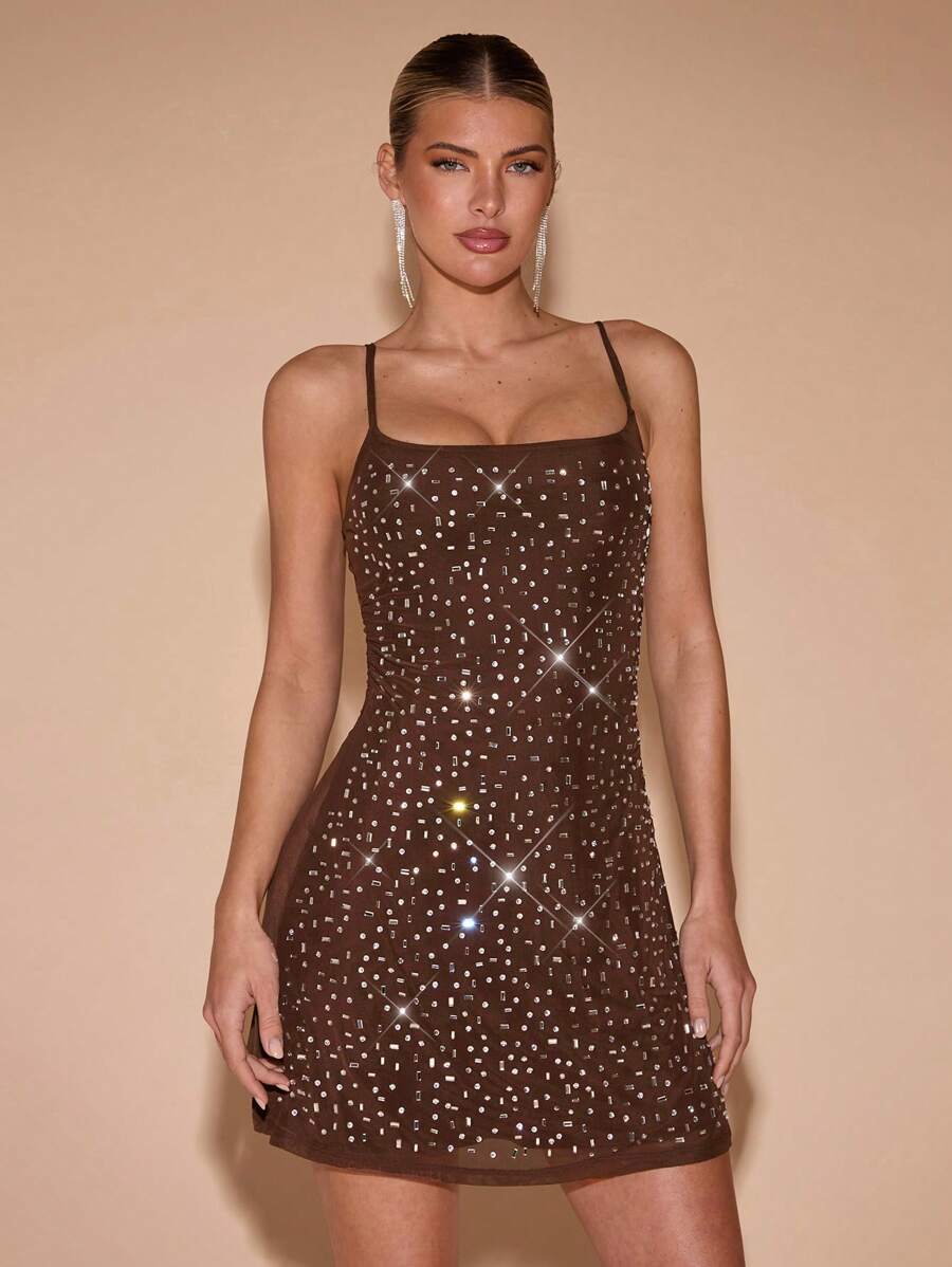 SHEIN BAE Solid Color Nude Dress With Elegant Rhinestone Mesh Decor, Spaghetti Strap A-Line Mini Dress For Party, Prom, Clubbing, Summer - Coffee Brown - View 1