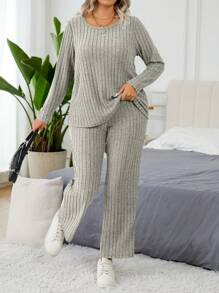 EMERY ROSE Set de 2 piezas con pantalones y top de manga larga acanalado de terciopelo casual con relleno incorporado en el pecho