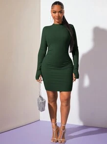 SHEIN SXY Đầm ôm sát màu trơn cổ đứng xếp ly tay dài - Màu xanh lá cây đậm - Xem 3
