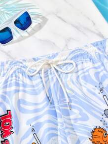 TOM & JERRY X SHEIN Shorts de plage pour hommes avec cordon de serrage à la taille et motif graphique de dessin animé