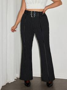 SHEIN ICON 大码条纹宽腰带装饰喇叭裤，性感商务装，美人鱼办公室 - 黑與白 - 查看 1