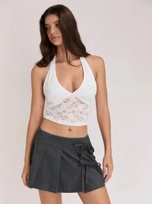 SHEIN Unity 迷你灰色蝴蝶结褶皱裙，女款，秋冬款 - 灰色 - 查看 3