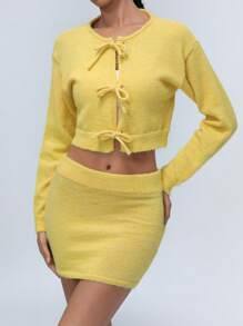 SHEIN Unity Fashionable Sweet Tie-Up Bow Cardigan Paired With Super Short Skirt As 2 Pieces Set Dopamine Soft Knit Sweater Fall Cloth For Women - Yellow - View 1