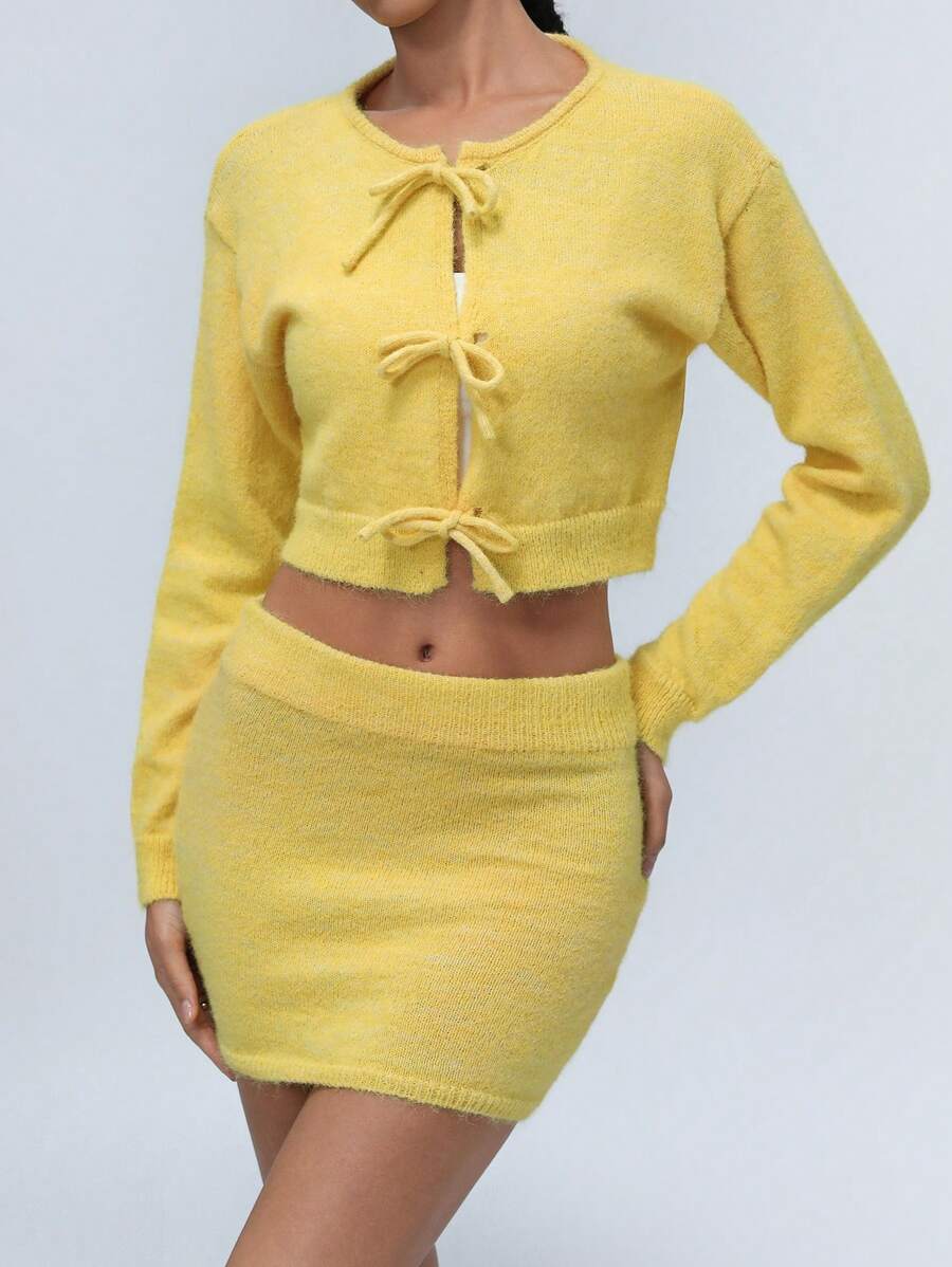 SHEIN Unity Fashionable Sweet Tie-Up Bow Cardigan Paired With Super Short Skirt As 2 Pieces Set Dopamine Soft Knit Sweater Fall Cloth For Women - Yellow - View 1