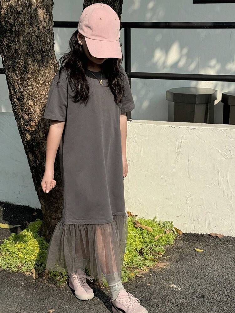 Tween Girl Round Neck Stitching Mesh Patchwork Short Sleeve Dress, Summer