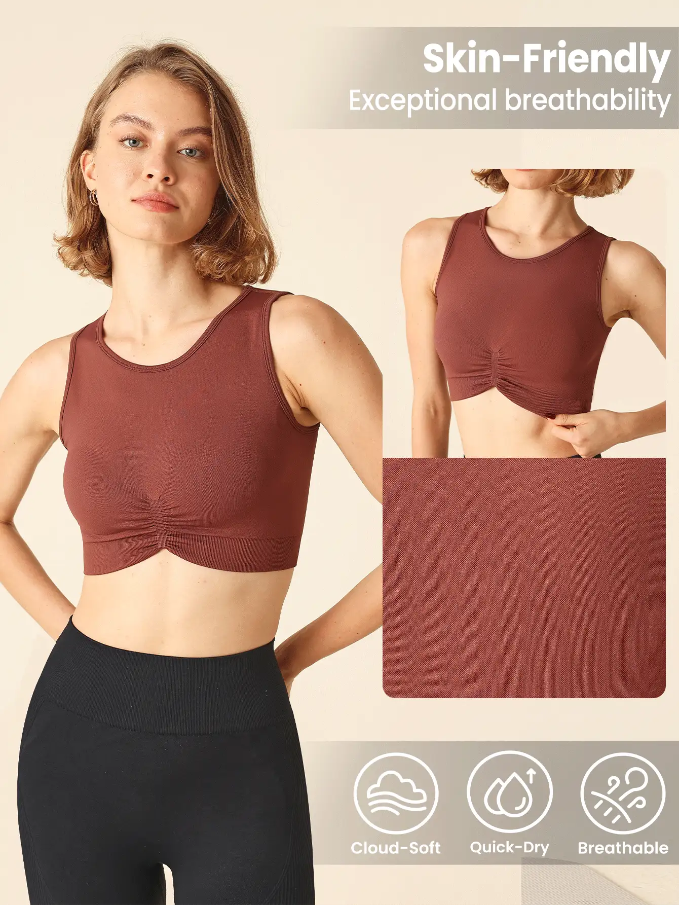 Lifespree 纯色无缝短款高弹力运动瑜伽背心 - 棕色 - 查看 6