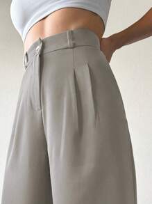 SHEIN Chic High Waist Pleated Wide Leg Pants - Grey - View 3