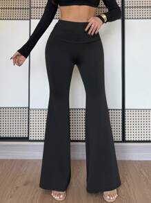 Chiquease Sexy High-Waist Ruffle Hem Flare Leg Stretchy Knit Black Trousers For Women, Autumn/Winter