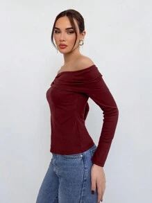 Aloruh Damen sexy und elegantes O-Ring Off-Shoulder Langarm Lässig figurbetontes burgunderrotes T-Shirt, Damen Burgunder Top, Damen sexy Top, Damen Winter Top in Burgunder - Weiss - Übersicht 5