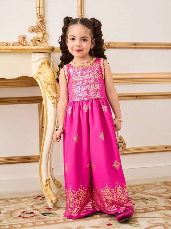 Tinere fete fucsia folie de aur imprimeu Abaya Kaftan Jalabiya Ramadan Ramadan Rochie nativă pentru copii mici, ținută cu pantaloni largi cu flori, top și salopetă tricotate confortabile,