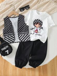 SHEIN Young Boy Geometric Pattern Vest, Cartoon Character Printed T-Shirt, And Pants 3 Piece Casual Outfit Set - Black and White - View 3