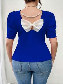 Elenzga 大码女式夏季蝴蝶结装饰短款泡泡袖修身圆领 T 恤新年衣服图案 T 恤女式上衣 - 寶藍色 - 查看 2