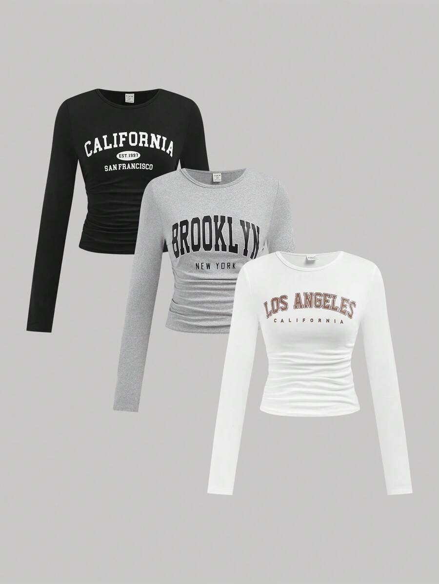 SHEIN Girlism 少女 1 送 2 3 件/套，针织纯色圆领褶皱休闲简约复古美式英式图案圆领修身短款上衣长袖 T 恤