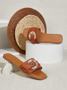 SHUZIA Women's Gold Metal Buckle Decoration Fashionable & Comfortable Round-Toe Flat Sandals For Daily Wear Spring Shoes Spring Break Easter - Maroon - View 6