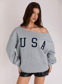 TRNVIE 1st Dames Fleece Sweatshirt Met Borduurontwerp, Open Schouder, Casual, Dagelijkse Kleding Voor De Winter