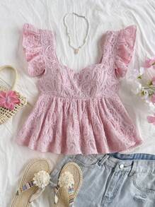 Soleia 女士浪漫粉色编织立体花卉刺绣甜心领盖袖立体荷叶拼接下摆衬衫，女士夏季，夏季上衣，度假女士，西部装女士，外出上衣女士，可爱上衣，音乐会女士，波西米亚风，狂欢节 - 粉色 - 查看 2