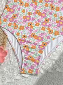 Swim Mod Traje de baño de una pieza veraniego y casual, sexy y de espalda descubierta, con estampado floral diminuto para vacaciones en la playa de las mujeres