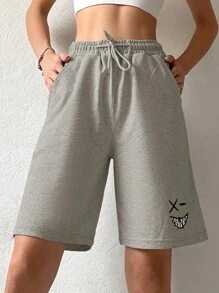 RueChic Cotton Cartoon Graphic Drawstring Waist Track Shorts - Light Grey - View 1