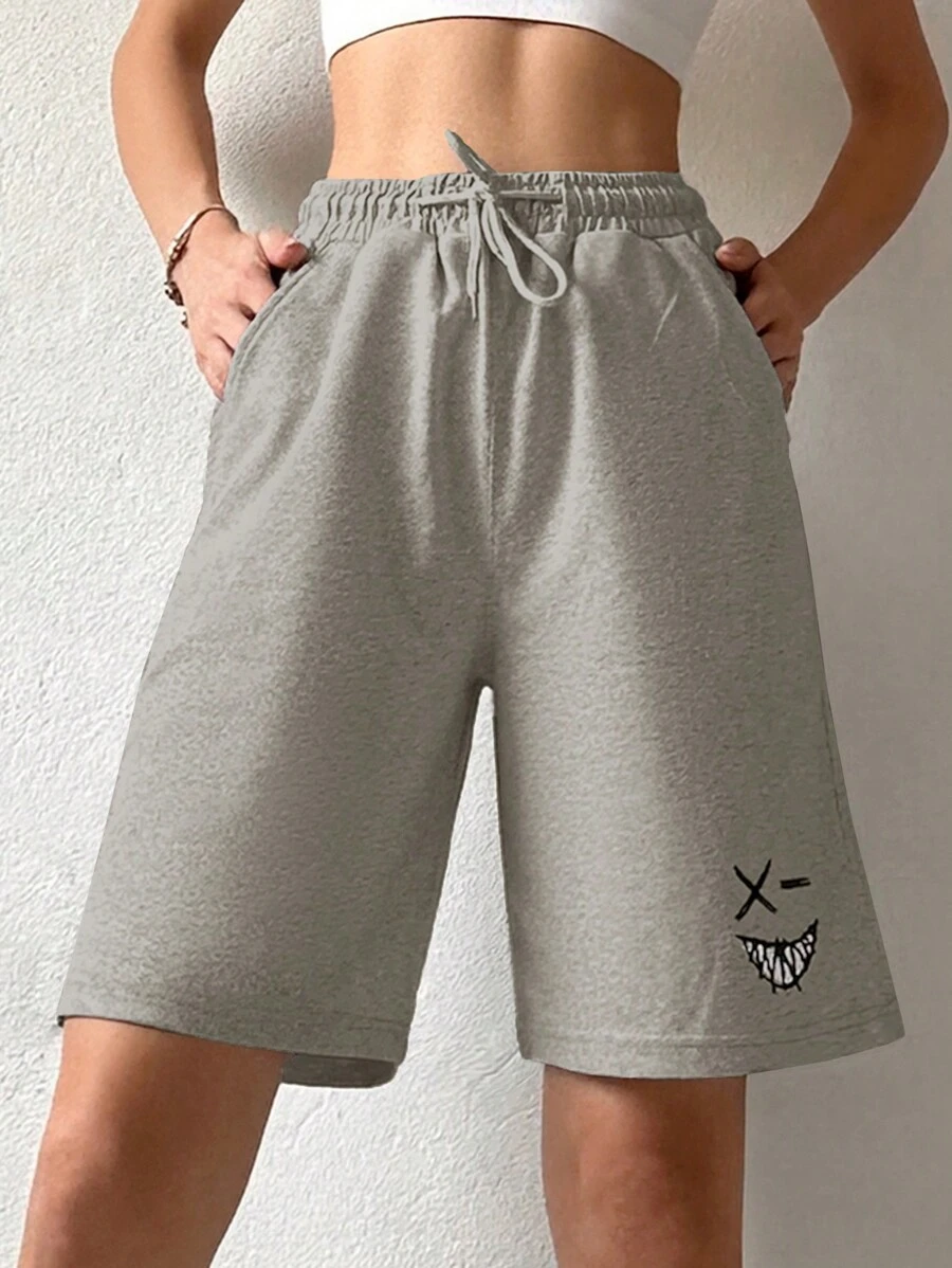 RueChic Cotton Cartoon Graphic Drawstring Waist Track Shorts - Light Grey - View 1