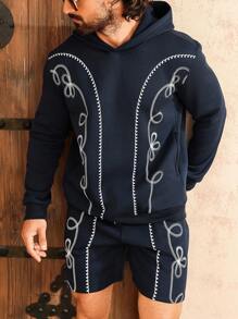 Manfinity Homme Men's Rodeo Outfit Pattern Long Sleeve Hoodie And Shorts Casual Sweatsuit Set, Autumn/Winter - Black - View 6