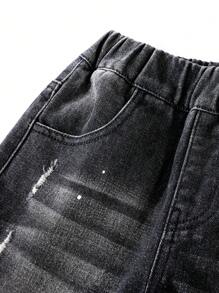 Young Boy Elastic Waist Pocket Ripped Casual Denim Jeans - Black - View 3