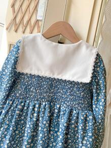 Blossori Young Girls' French Elegant Blue Ditsy Floral Color Block Collar Loose Woven Dress, Spring/Summer