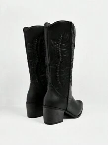 Styleloop 女士黑色粗跟中筒靴，适合日常穿着，波西米亚风格，美式复古，波西米亚风，西部风，音乐节，派对，圣诞节，万圣节 - 黑色 - 查看 5