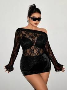 SHEIN ICON Plus Size Lace See-Through Asymmetrical Shoulder Knit Top - Black - View 2