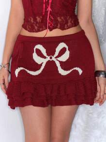 ROMWE Kawaii Falda de punto con lazo de Navidad para mujer