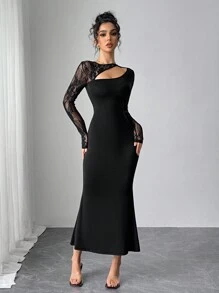 Modelyn Vestido midi elegante de manga larga con contraste de encaje calado y bajo de cola de pez para mujer